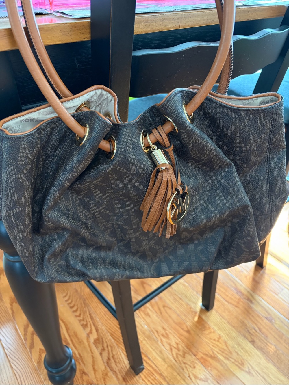 Michael Kors Brown and Tan MK Logo Drawstring Shoulder Bag